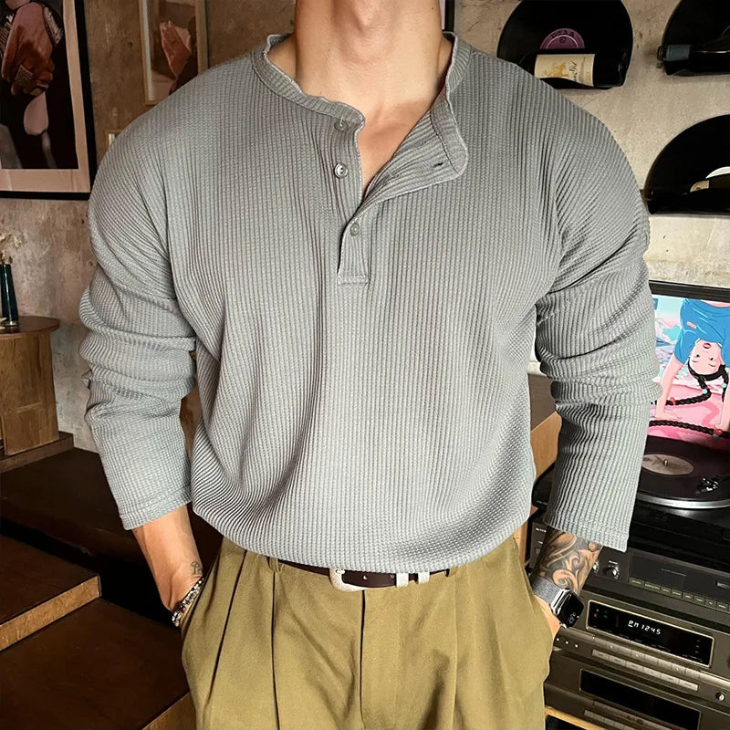 Korean Henry Collar T-shirt Fashion Men Luxury Solid Color Long Sleeve Tops Leisure Light Business Fall Casual Basic Shirt M-3XL