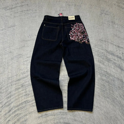 Vintage Low Waist Hip Hop Cherry Blossom Embroidered Jeans  Wide Leg Trousers Y2K Clothes Mens Womes Embroidered Baggy Jeans