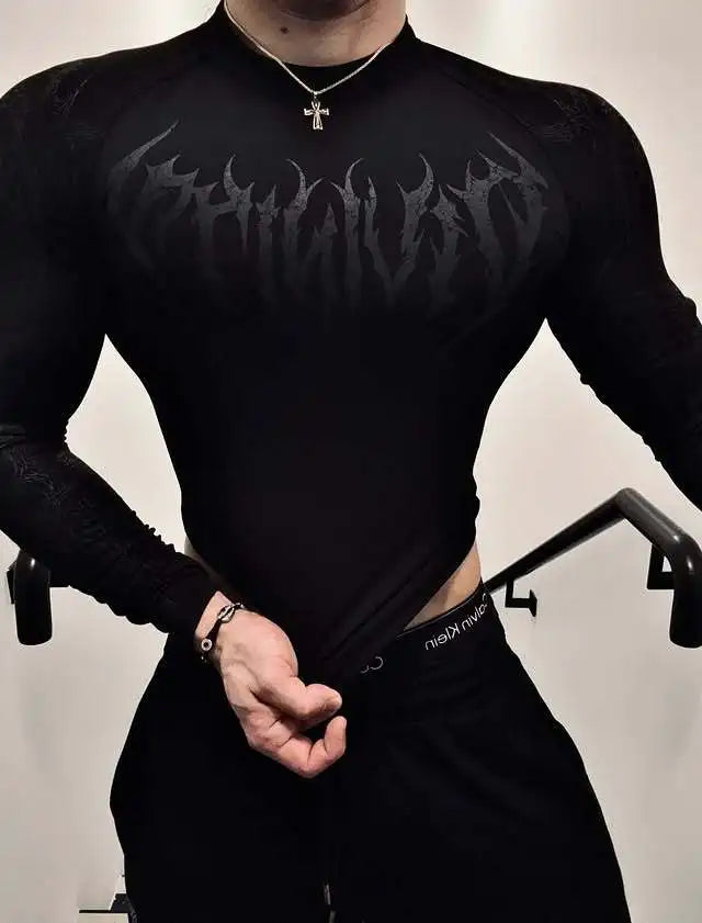 Men's Long Sleeve Fitness T-Shirt Tight Sports Wear Quick Dry High Elasticity Spring Autumn Seasonal Style round Neck Letter ...