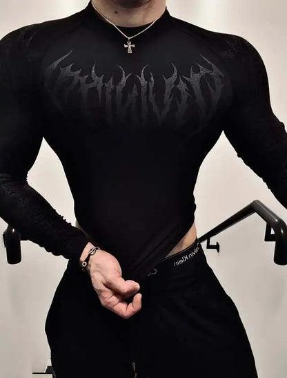 Men's Long Sleeve Fitness T-Shirt Tight Sports Wear Quick Dry High Elasticity Spring Autumn Seasonal Style round Neck Letter ...