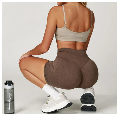 Apex Ritual – レディースハイウエストヨガショートパンツ – サンドウォッシュ スクワットプルーフ トレーニングショートパンツ