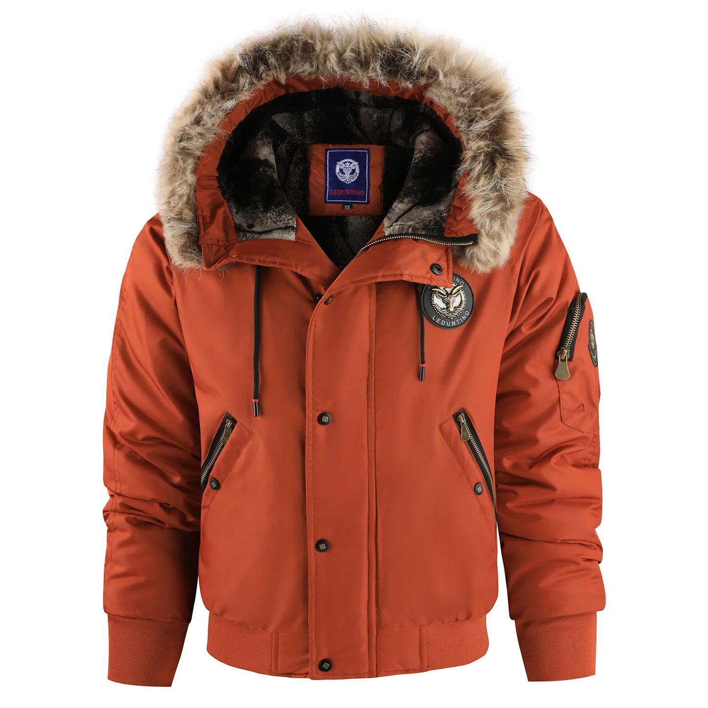 Men's Winter Warm, Hooded Jacket with Raw Edge, Lined Aviator Jacket, Embroidered Badge Design, Windproof and Waterproof Jacket