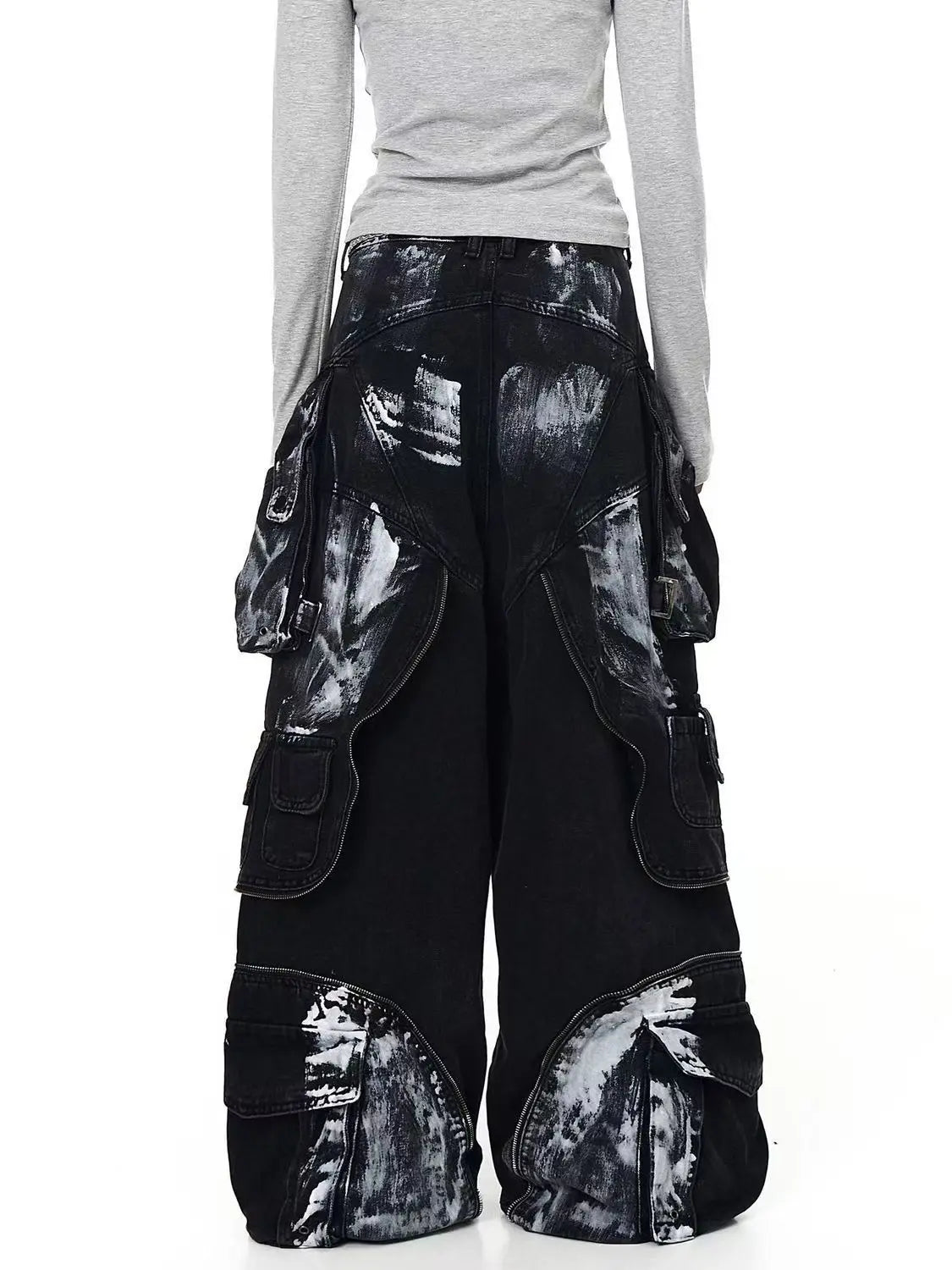 American Oversized Retro Pocket Folding Jeans For Men And Women Washed Tie Dye Heavy Industry Gothic Hip-Hop Zipper Loose Jeans