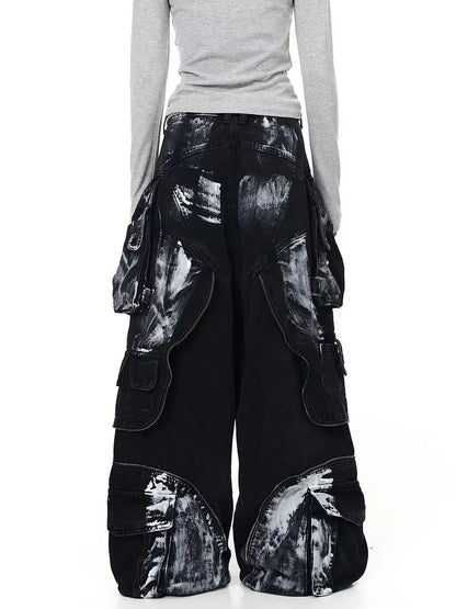 American Oversized Retro Pocket Folding Jeans For Men And Women Washed Tie Dye Heavy Industry Gothic Hip-Hop Zipper Loose Jeans