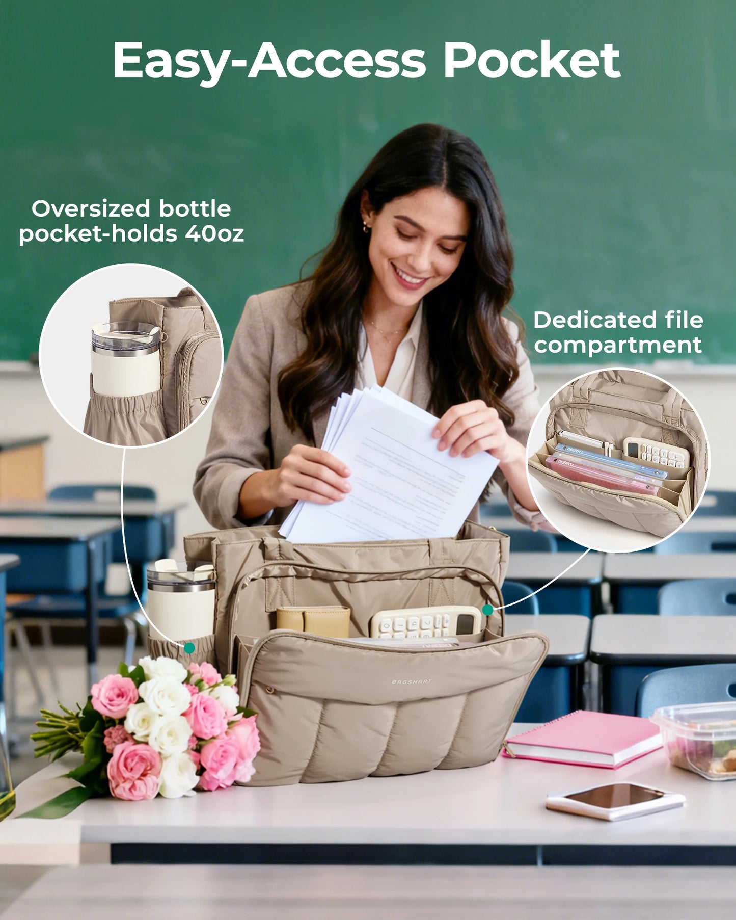 BAGSMART Tote Bag for Women Teacher Tote with Insulated Compartment Puffer Laptop Work Tote Handbags for Work Travel Gym