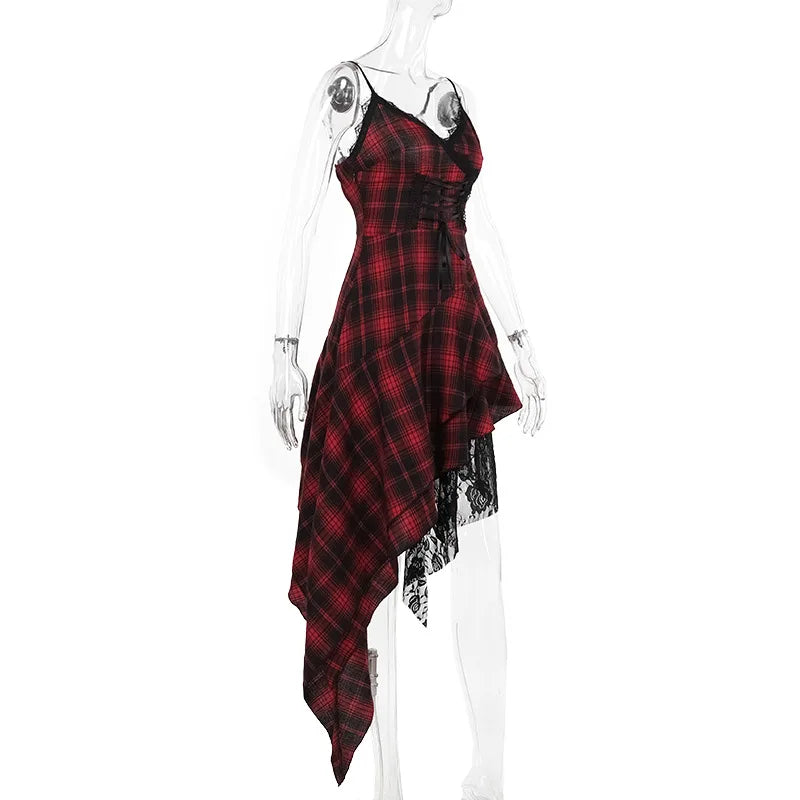 Women's Plaid Lace Spaghetti-Strap Midi Dress
