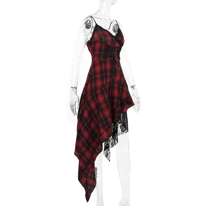 Women's Plaid Lace Spaghetti-Strap Midi Dress