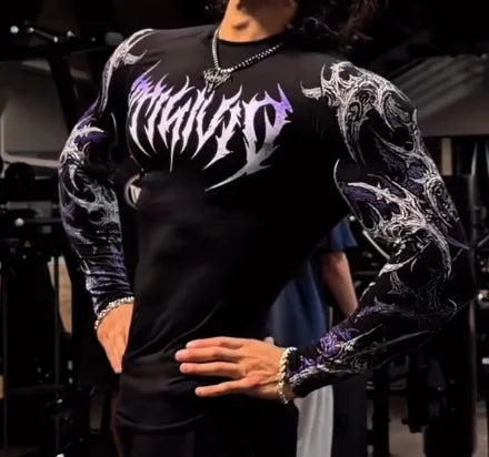 Men's Long Sleeve Fitness T-Shirt Tight Sports Wear Quick Dry High Elasticity Spring Autumn Seasonal Style round Neck Letter ...