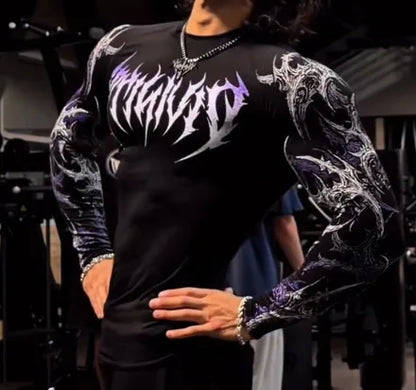 Men's Long Sleeve Fitness T-Shirt Tight Sports Wear Quick Dry High Elasticity Spring Autumn Seasonal Style round Neck Letter ...