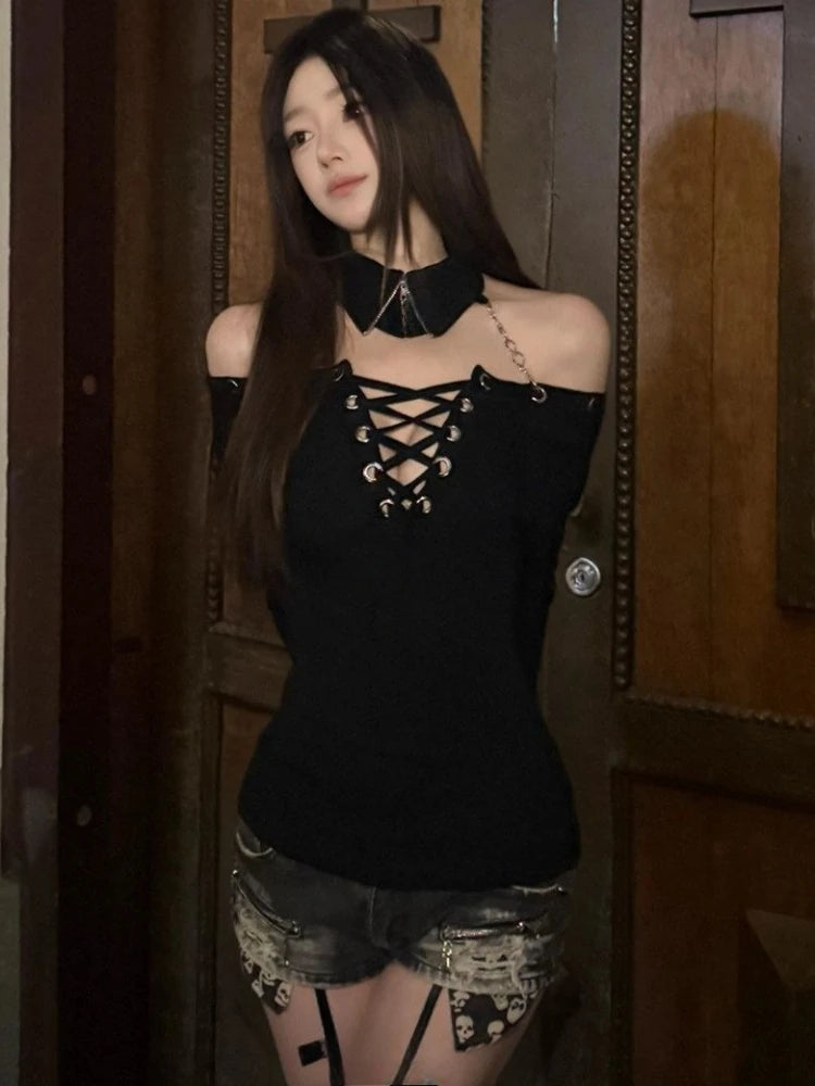 Women's Y2K Chain Slash-Neck Crop Top
