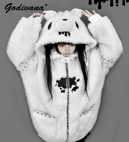 Japanese Gothic Hooded Plush Coat New Autumn Winter Subculture Cool Girl Women's Punk Rivet Lamb Wool Hoodie Jacket Zipper Coat