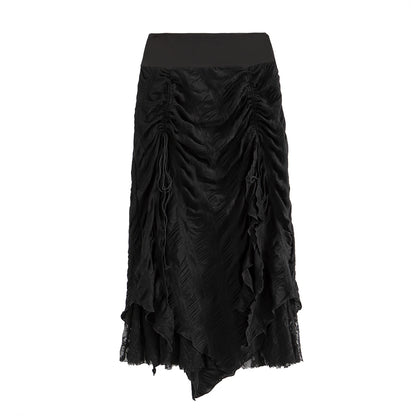 Gothic Long Skirt Bandage Lace Mesh Patchwork High Waist A Line Drawstring Split Black Skirt Irregular Aesthetic Female Fashion