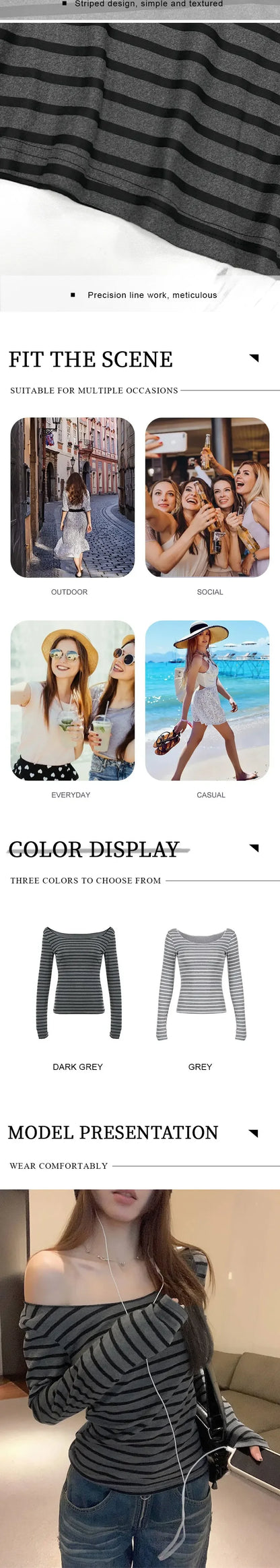 Spring Fall Women's New Basic Models Slim Long-Sleeved Striped t-Shirt Strapless Street Style y2k Thin Tops
