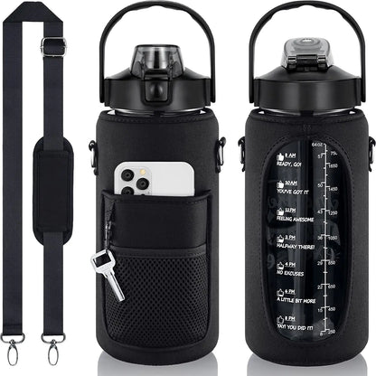 Half Gallon Water Bottle with Sleeve 64 OZ 2000ML Motivational Water Bottle with Straw & Time Marker to Drink