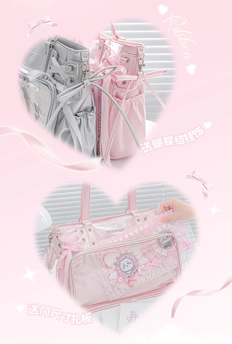 Japanese New Girls Silver Shoulder Bag Large Capacity Ribbon Itabag Student Women's Satin Messenger Bag Leather Backpacks