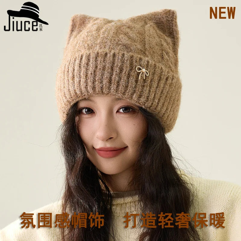 Cute Cartoon Cat's Ears Thickened Knit Hat women's Bow Wool Hat Ear Protection Warm Hat Bonnets Beanies 4m730