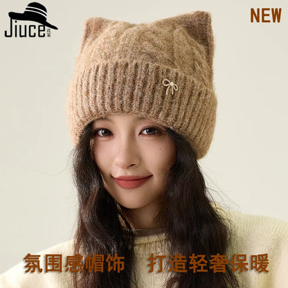 Cute Cartoon Cat's Ears Thickened Knit Hat women's Bow Wool Hat Ear Protection Warm Hat Bonnets Beanies 4m730
