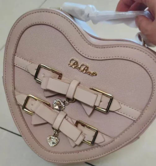 Japanese Style Liz Bag Mine Lolita Love Rhinestone Bow Crossbody Handbag Women Girls Sweet Heart Shaped Pink Pu Shoulder Bag