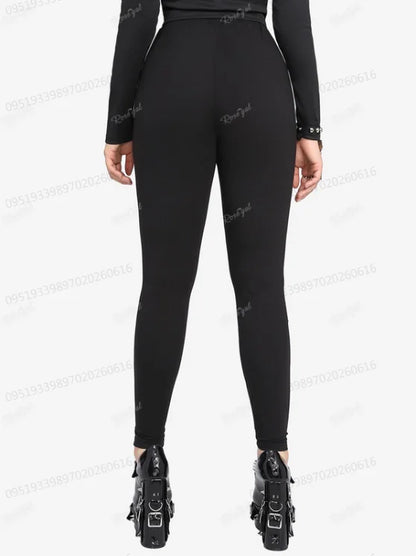 Plus Size Women Elastic Waist Pants Black Gothic Fishnet Hollow Out Patchwork Buckle Grommet Skinny Pant Bottoms