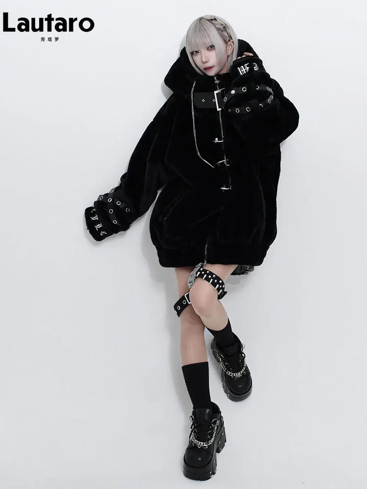 Lautaro Autumn Winter Thick Warm Faux Fur Coat Women with Hood Zipper Luxury Japanese Style Punk Harajuku Fluffy Jacket 2026