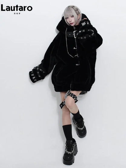 Lautaro Autumn Winter Thick Warm Faux Fur Coat Women with Hood Zipper Luxury Japanese Style Punk Harajuku Fluffy Jacket 2026