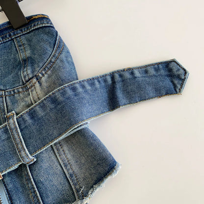 SINGREINY Vintage Denim Strapless Camis Backless Irregular Raw Hem Slim Distressed Crop Top Ladies Sashes Sexy Club Lingerie Top