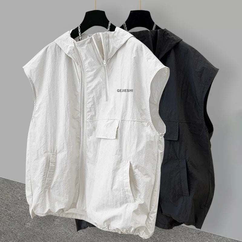 Casual Embroidered Hoodie Sleeveless T-Shirt Unisex Loose Fit Summer Zipper Design Workwear Vest Fashionable Youth Style