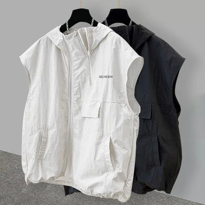 Casual Embroidered Hoodie Sleeveless T-Shirt Unisex Loose Fit Summer Zipper Design Workwear Vest Fashionable Youth Style