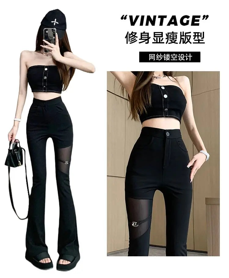Sexy Black Mesh Patchwork High Waisted Flared Pants Chic Slim Women's Thin Trousers for Summer Korean Style