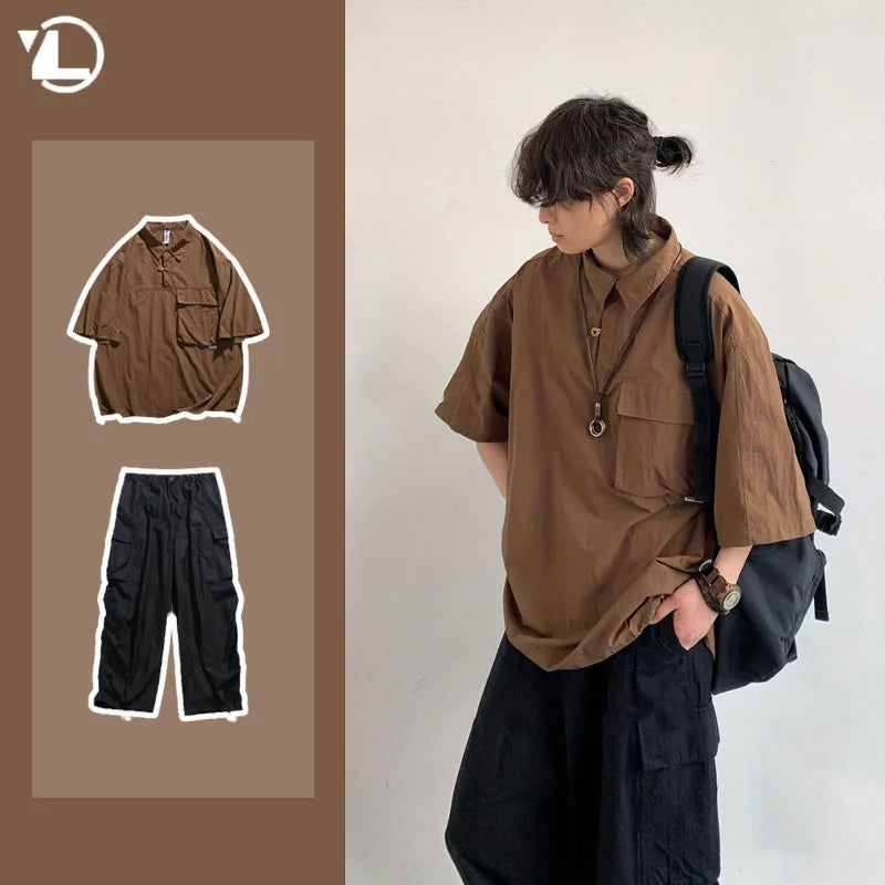 2024 New Summer Japanese Mens Set Harajuku Mid Sleeved Trendy Shirt+ Wide-leg Cargo Pants 2-pcs Thin Casual College Male Suit