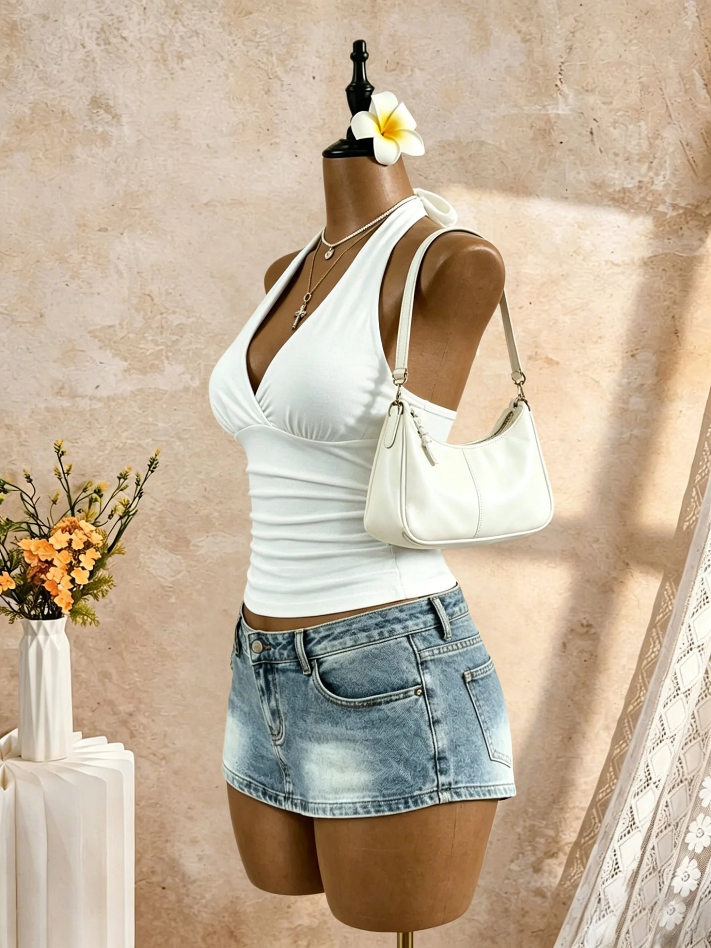 Women's Y2K Ruched Halter Crop Top
