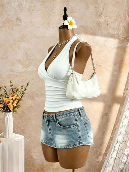 Women's Y2K Ruched Halter Crop Top
