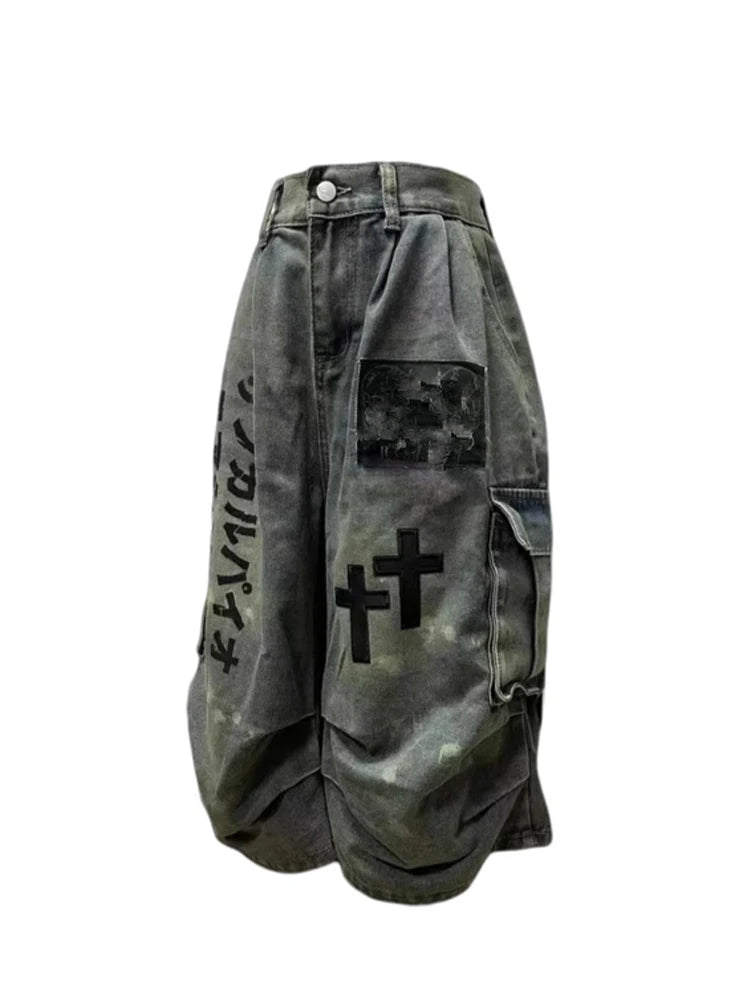 Summer Women Goblin Core Cross Denim Jorts Shorts Y2k Calf-Length Jean Pants Trashy Y2K Abi Japanese Cyber Punk Grunge Women's
