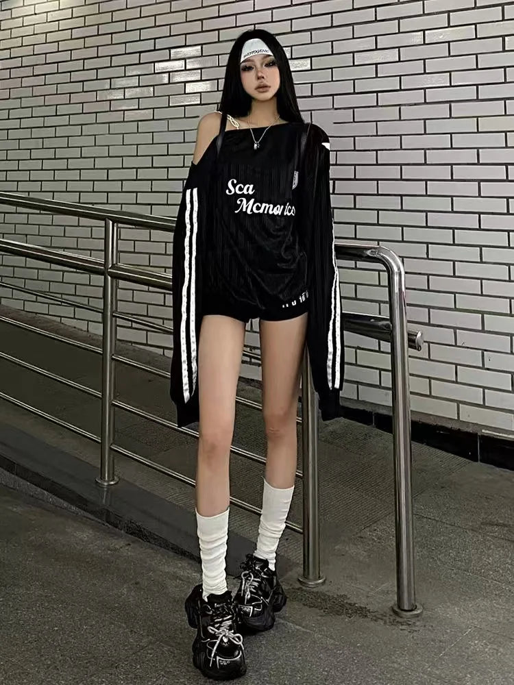 Spring and winter new American oblique shoulder long sleeve printed letter hoodie loose casual spice girls shirt T-shirt women