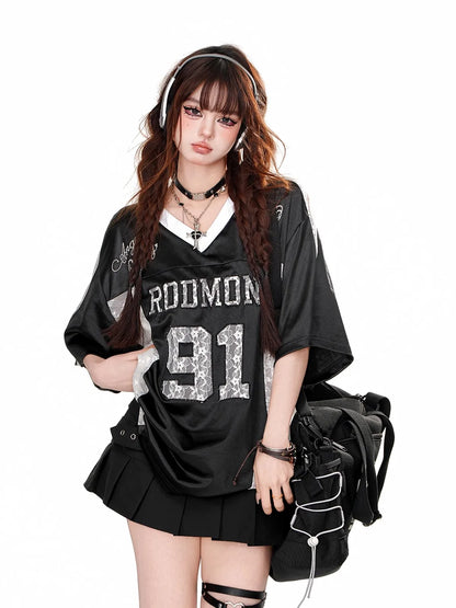 Retro American Splice V-neck Hollow out Lace Short Sleeve T-shirt Women Summer Embroidered Loose Sports Silver Top