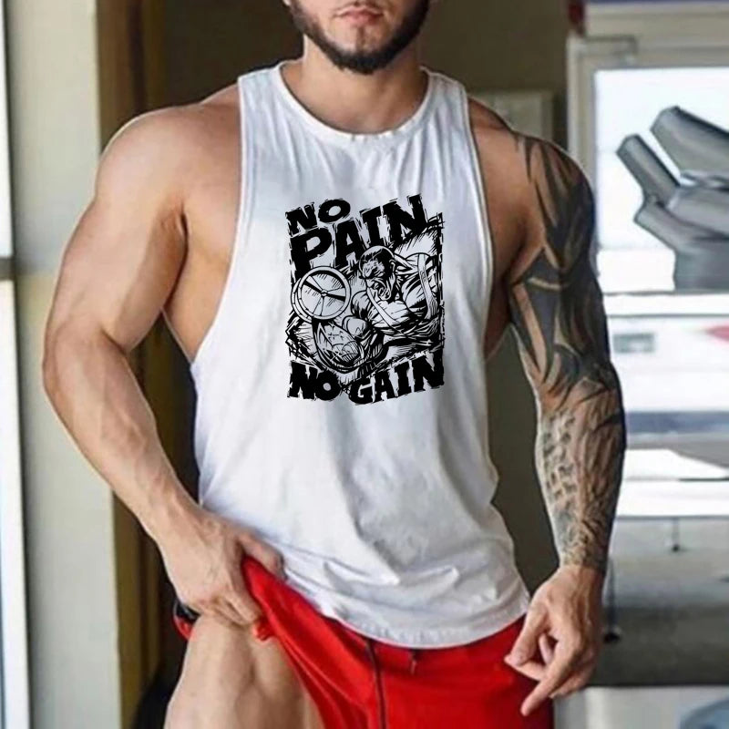 NO PAIN NO GAIN Men Running Vests Summer Cotton Gym Fitness Tank Tops Bodybuilding Training Exercise Clothing Muscle Singlets