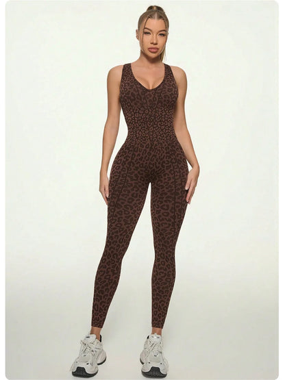 Women's Leopard Print Cross-Back Yoga Jumpsuit
