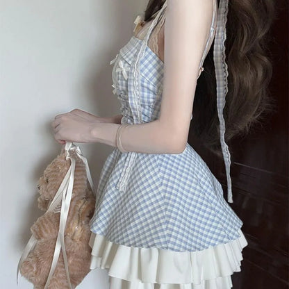 Women's Blue Plaid Bow Strapless Mini Dress