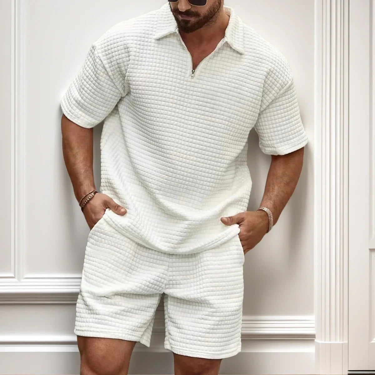 New men's casual, fashionable and comfortable waffle checkered letter lapel sportswear set, spring and summer two-piece set