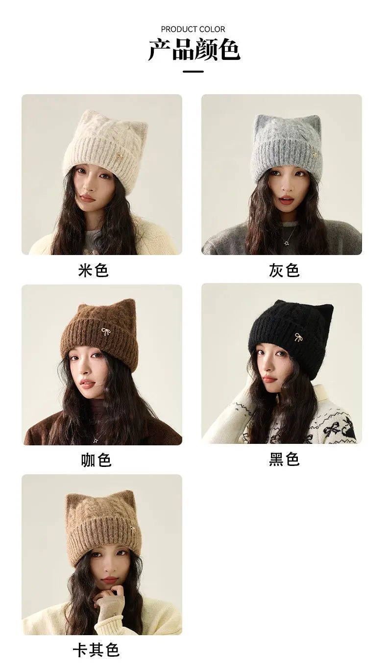 Cute Cartoon Cat's Ears Thickened Knit Hat women's Bow Wool Hat Ear Protection Warm Hat Bonnets Beanies 4m730