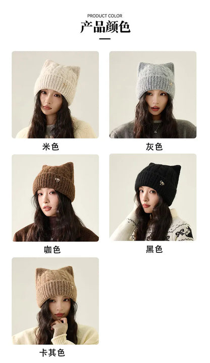 Cute Cartoon Cat's Ears Thickened Knit Hat women's Bow Wool Hat Ear Protection Warm Hat Bonnets Beanies 4m730