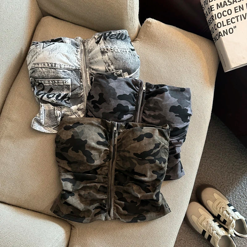 Sexy American Girl Camouflage Print Tube Top Vest Women's Summer Zipper Open Cardigan Shoulder Bared Short Style Top