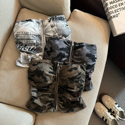 Sexy American Girl Camouflage Print Tube Top Vest Women's Summer Zipper Open Cardigan Shoulder Bared Short Style Top