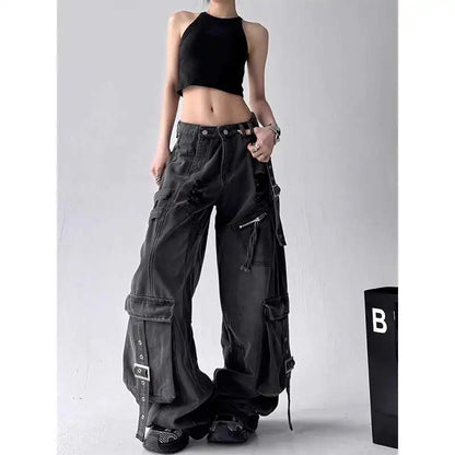 American Gothic Heavy-Industry Multi-Pocket Ripped Black Jeans Retro Fashion Men and Women Loose Wide Legs Casual Pants