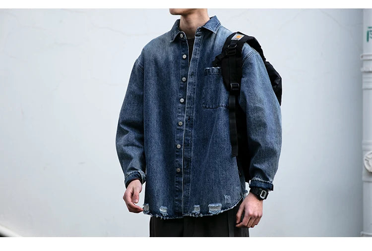 American Streetwear Wash Denim Shirts For Men Harajuku Casual Men'S Clothing Vintage Blue Lapel Cargo Coat Korean Long Sleeve