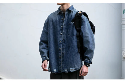 American Streetwear Wash Denim Shirts For Men Harajuku Casual Men'S Clothing Vintage Blue Lapel Cargo Coat Korean Long Sleeve