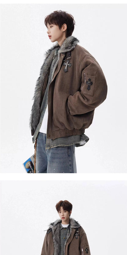 PFNW Fashion Versatile Warm Coat Autumn Winter New Men's Fur Collar High Quality Thick Cotton Jacket 28L1062