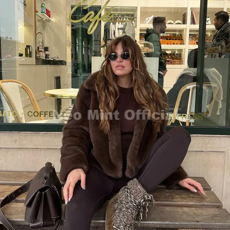Neo Mint Cool Street Girls Fashion Brown Faux Fur Jacket Women Luxury Fake Mink Fur Coat 2025 Autumn Winter Warm Short Overcoat