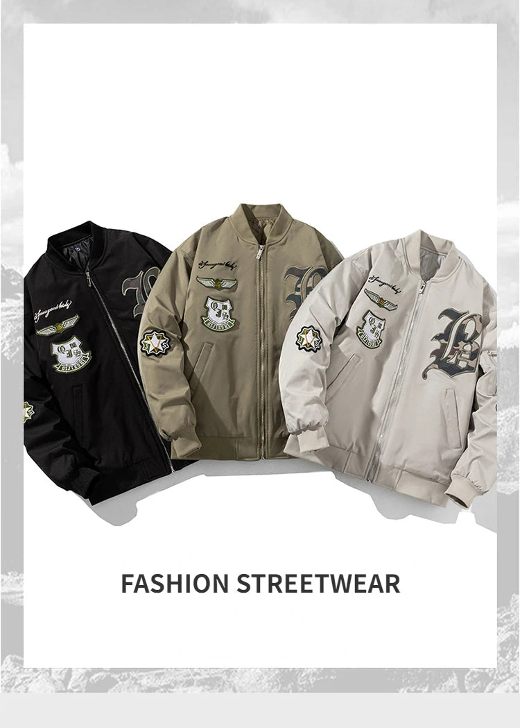 Autumn Winter Pilot Jacket Men Women Badge Star Vintage Bomber Jacket Embroidery Men Fashion Hip Hop Windbreaker Coat Streetwear