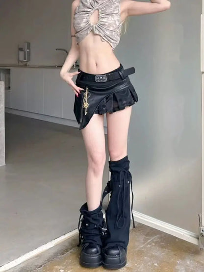 Summer Mini Skirt Sexy American High Street Party Versatile Mini Skirt Black Asymmetrical Metal Chain Punk Rock Gothic Skirt